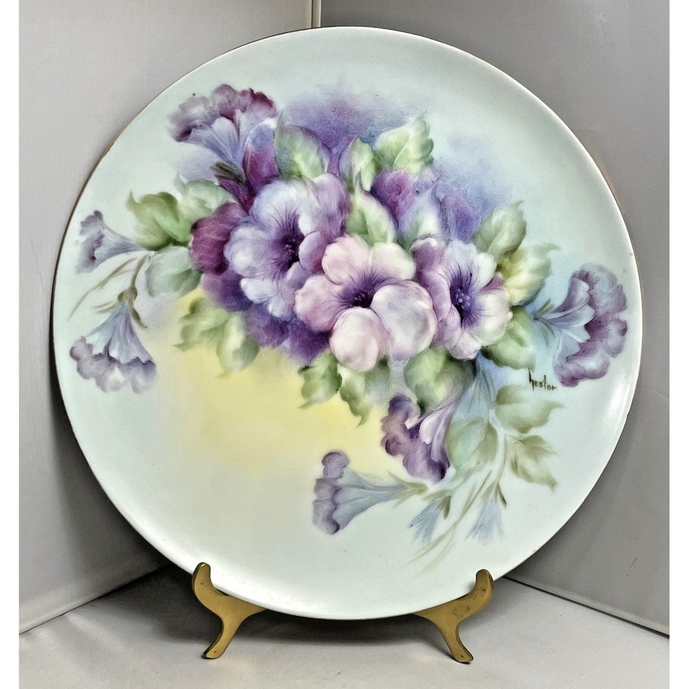 Vintage Delmore Hand Painted Plate Pansy Flowers Signed Hestor Art 9.25" Decor